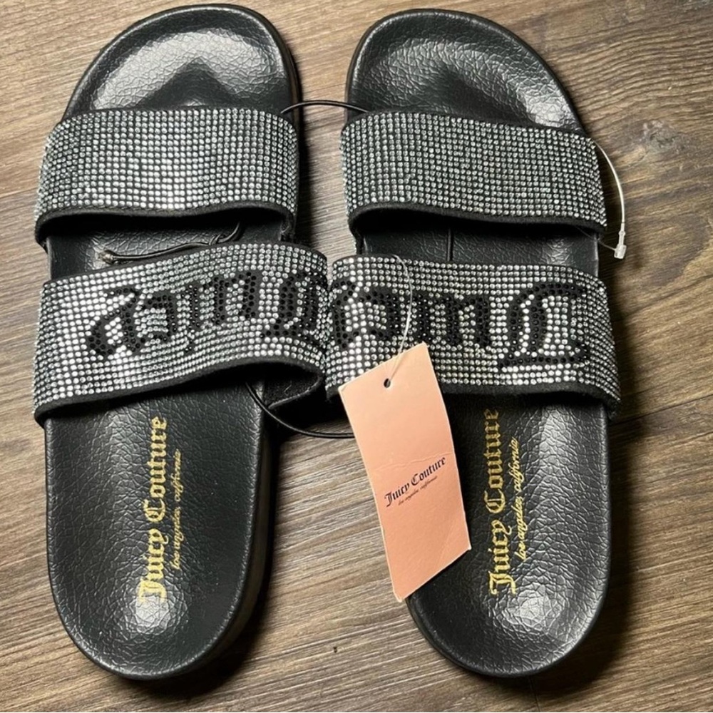 Juicy Couture Black Rhinestone Embellished Slides